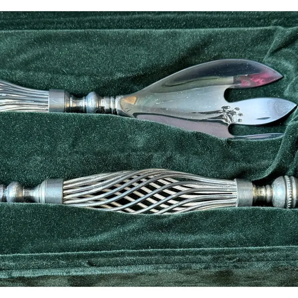 Neiman Marcus Silverplate Salad Serving Set Openwork Handles + Presentation Box